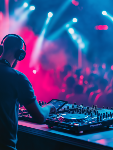 A DJ is performing in a vibrant club, using a digital turntable and mixer, while lights pulse to the rhythm