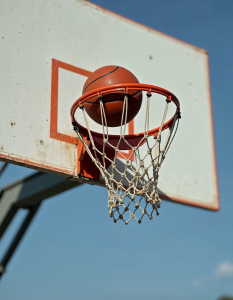 A basketball going through a basketball hoop on a court