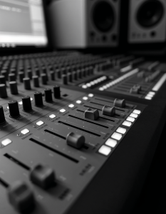 A black and white image of a professional audio mixing console with various knobs, sliders, and buttons