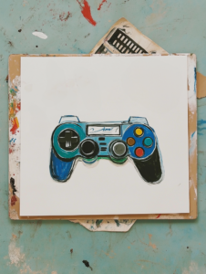 A blank canvas with a paintbrush drawing a music note, film strip, and video game controller, symbolizing the artistic foundation of all entertainment media