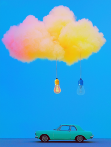 A car emerging from a cloud of innovation icons (lightbulbs, gears, circuits), showcasing continuous innovation in the industry