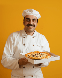 A cheerful chef in a white uniform and hat presents a pizza in a takeaway box, the background is a solid, vibrant yellow, adding to the bright and positive mood of the image