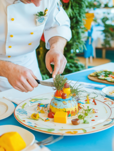 A chef sculpting a dish as if it were a statue, symbolizing the craftsmanship and attention to detail in creating culinary masterpieces