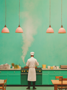 A chef standing on a stage with spotlights made of ingredients like herbs and spices