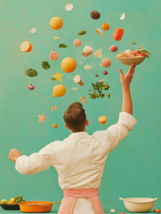 A chef tossing ingredients into the air, where each one transforms into a star, symbolizing the pursuit of culinary excellence