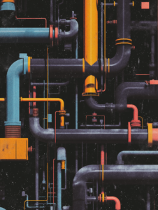 A chemical plant where pipes, tanks, and reactors are interconnected like a neural network