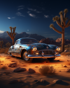 A classic, weathered car is parked in the middle of a desert landscape at night, illuminated by soft moonlight and surrounded by rocky terrain and Joshua trees