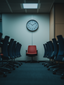 A clock on the wall with office chairs as the numbers, representing the structured and scheduled nature of office life