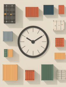 A clock with shipping containers instead of numbers, representing the importance of timing and efficiency in logistics