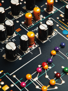 A close-up of a circuit board where the connections between components are made of chemical bonds instead of electrical wires