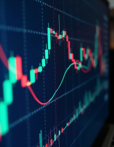 A close-up view of a computer screen displaying stock market charts and graphs with fluctuating lines and colors, suggesting financial data and analysis