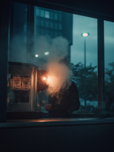 A coffee machine dispensing energy in the form of glowing orbs instead of drinks, symbolizing the rejuvenating effects of coffee breaks in the workday