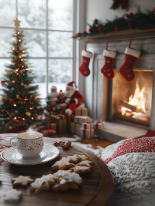 A cozy living room with a beautifully decorated Christmas tree in the corner, stockings hung by the fireplace, and a family sitting together enjoying hot cocoa