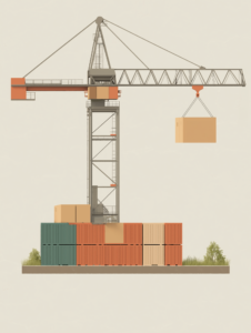 A crane lifting a box labeled Time and Cost, symbolizing the balance between efficiency and expense in freight operations