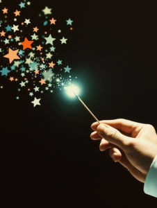 A customer holding a magic wand that emits stars and symbols of positive experiences (smiles, happy faces, resolved issues)