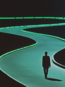 A customer walking on a road made of glowing brand promises (quality, trust, service)