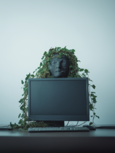 A desktop computer with wires that extend into growing vines, illustrating the balance between technology and nature