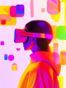 A digital avatar of a customer stepping through a VR portal into a virtual retail environment filled with floating products and interactive elements