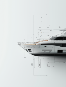 A digital blueprint scrolling across a yacht’s deck, highlighting the integration of modern technology in yacht refits and upgrades