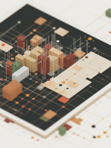 A digital tablet displaying a supply chain like a puzzle, with each piece representing different logistical processes