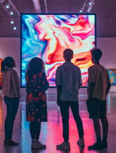 A diverse group of four individuals stands in a spacious, modern art museum, attentively viewing a digital screen that displays bold, abstract patterns