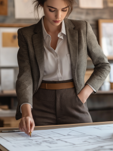 A female architect is standing at a drafting table in her office, wearing business casual attire