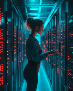 A female technician working in a high-tech server room, illuminated by neon blue and red lights, she is carefully interacting with a server rack