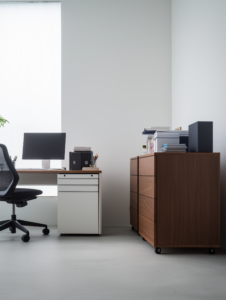 A filing cabinet with drawers that pull out into desks, symbolizing the organization and multitasking often required in office environments