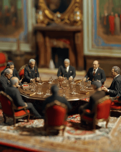 A formal meeting of political leaders seated around a large, ornate wooden table in a richly decorated historical room with velvet chairs and a Persian carpet