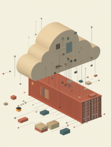 A freight container transforming into a digital cloud, representing the rise of cloud-based logistics management systems