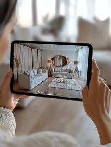 A furnishing expert is standing in an unfurnished room, using a virtual staging app on a tablet to arrange furniture digitally