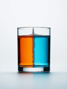 A glass filled with two distinct colors of liquid, split perfectly in half, illustrates the concept of duality