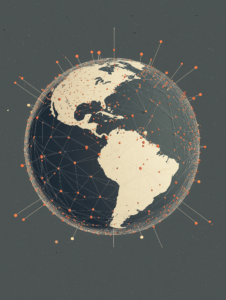 A globe with roads, railways, and shipping lanes spiraling outward like a spider’s web