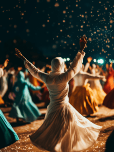 A group of people in traditional attire performs a graceful Sufi dance under the night sky after Iftar