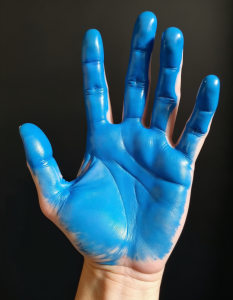 A hand with blue paint or dye covering the fingers and palm, creating a striking contrast with the skin tone