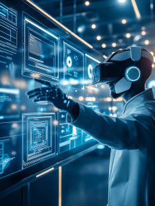 A healthcare professional is seated in front of a computer screen, conducting a virtual patient consultation in a modern, minimalist clinic