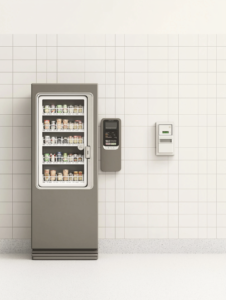 A hospital vending machine filled with junk food, contradicting the health-focused environment