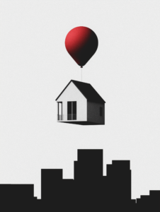 A house flying above a cityscape like a balloon, representing trends in market value