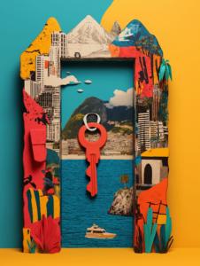 A key unlocking a door that opens to different landscapes like mountains, beaches, and cities