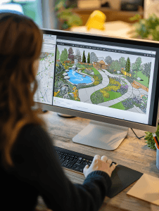A landscape architect is in a home office, using 3D design software to plan a garden for a client’s property