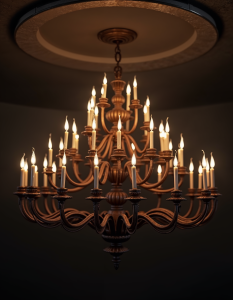 A large, circular chandelier with multiple tiers of candles in a dark, shadowy room