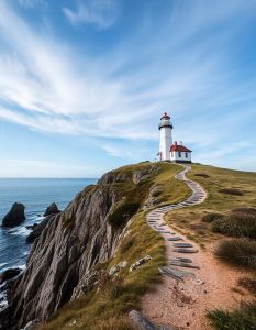 A lighthouse on rocky cliffs overlooking the ocean, with a winding path leading to it