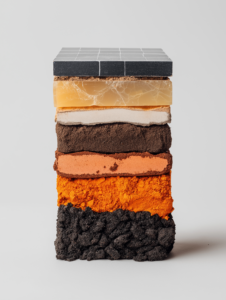 A literal energy bar made of stacked layers representing different energy sources fertile soil, coal