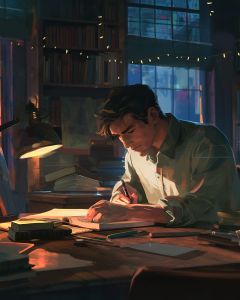 A man is deeply focused on studying and writing in a notebook at a dimly lit desk, the scene is set in a cozy, book-filled room with soft lighting from a desk lamp and fairy lights hanging