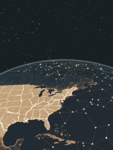 A map where supply chains connect cities like constellations in the sky, illustrating the global reach of logistics networks