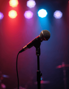 A microphone on stage with colorful blurred lights in the background