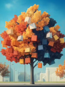 A money tree where the leaves are replaced by shopping bags, symbolizing the opportunity to harvest deals