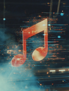 A music note dissolving into streaming data, illustrating the shift from physical music media to digital streaming