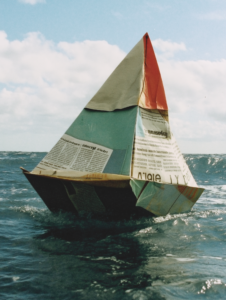 A newspaper page folding into a boat that sails on a sea of information, symbolizing the navigation of media content in the digital age