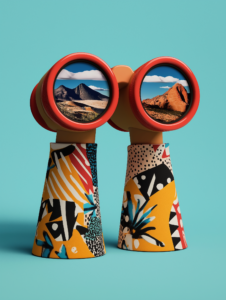 A pair of binoculars with different landscapes in each lens, depicting the anticipation and perspective of exploring new destinations